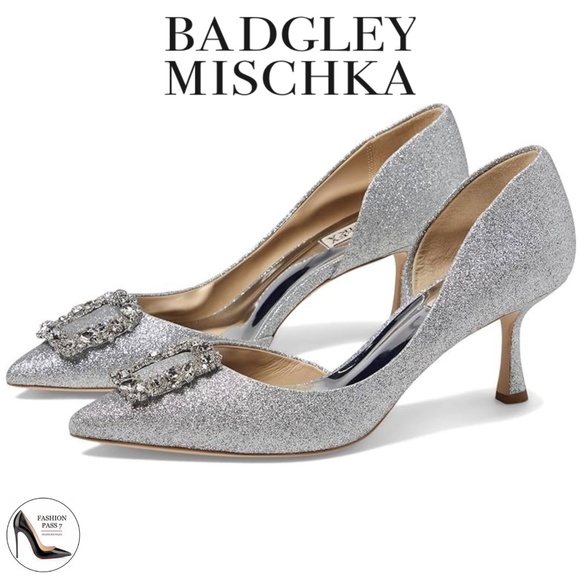 Badgley Mischka Fabia II Kitten Heels Crystal Buckle Pointed Toe Silver Shoes 7 - Picture 2 of 16